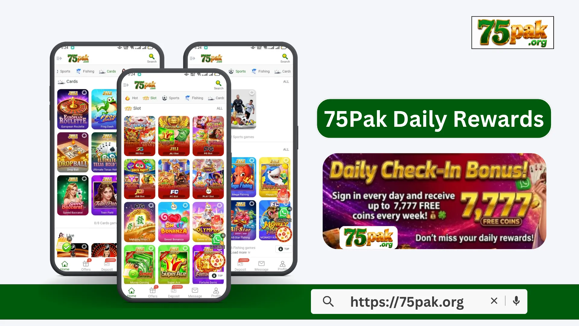 75Pak Game daily rewards and bonus screen